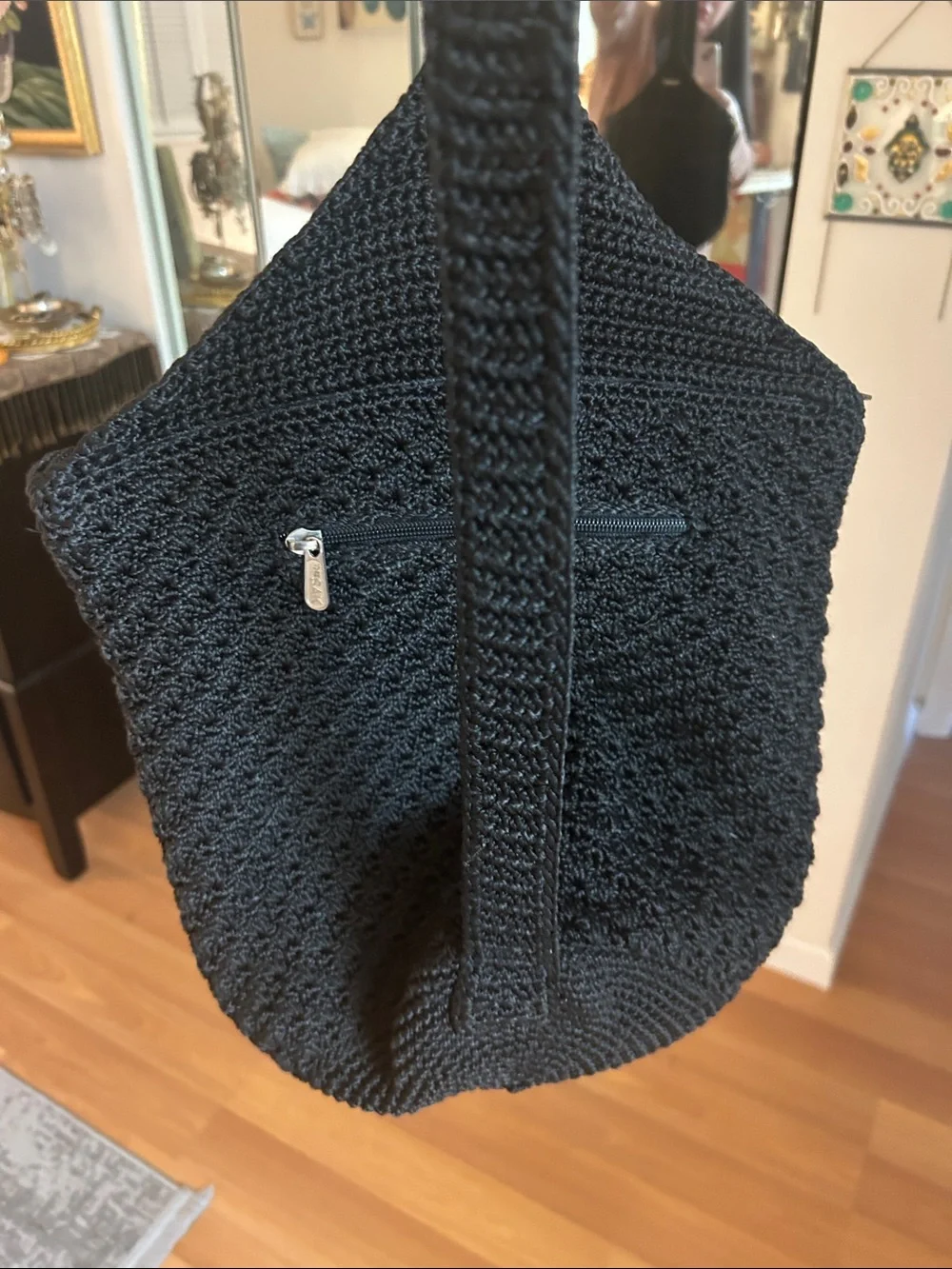 Vintage The Sak Black Crochet One Shoulder Sling Backpack-1990’s